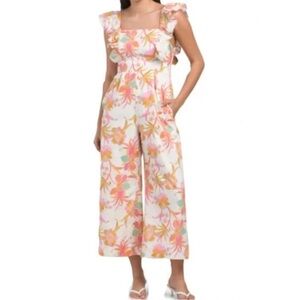 Taylor FLORAL WIDE LEG JUMPSUIT Size XL Pink Orange White COTTAGECORE Tropical